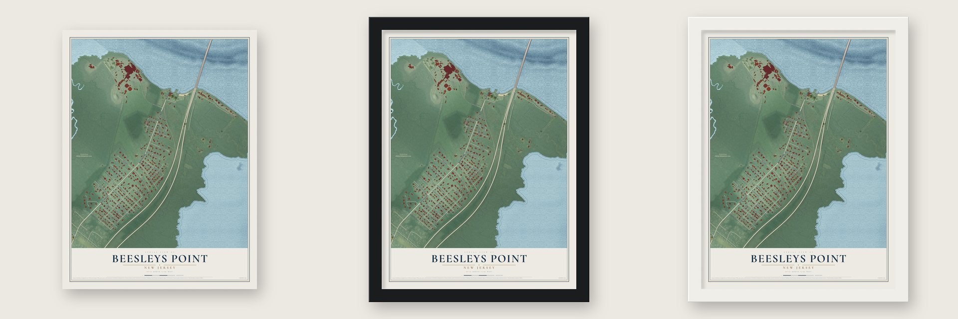 Beesleys Point, New Jersey map unframed, in a black wood frame and in a white wood frame