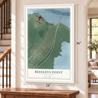 Beesleys Point, New Jersey map, 24 x 36 inch print in a white frame by a staircase
