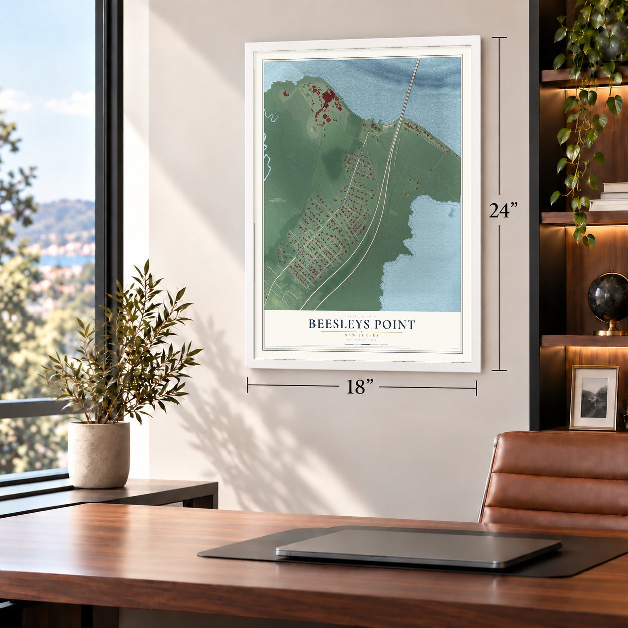Beesleys Point, New Jersey map, 18 x 24 inch print in a white frame in a home office
