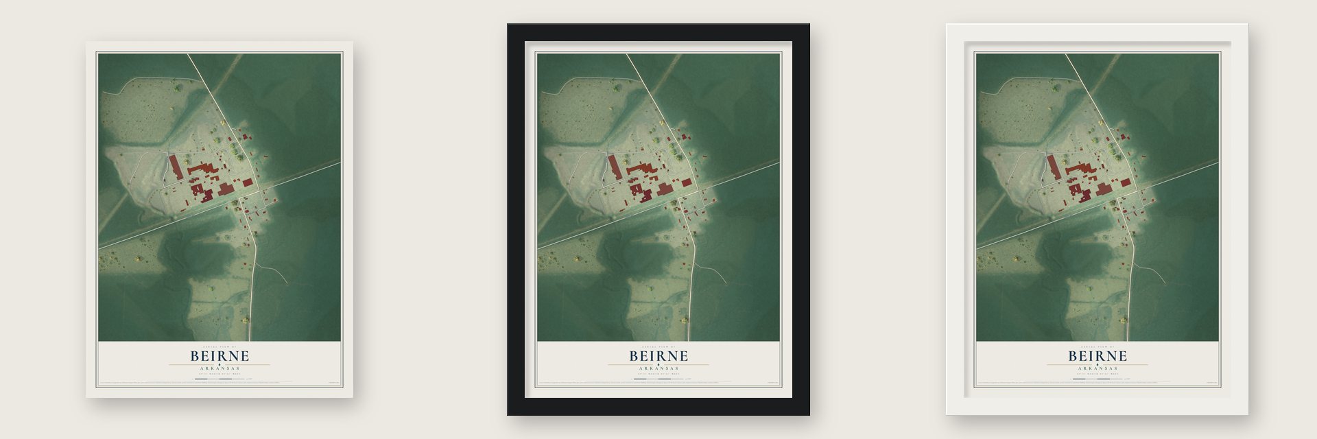 Beirne, Arkansas map unframed, in a black wood frame and in a white wood frame