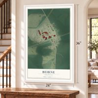 Beirne, Arkansas map, 24 x 36 inch print in a white frame by a staircase