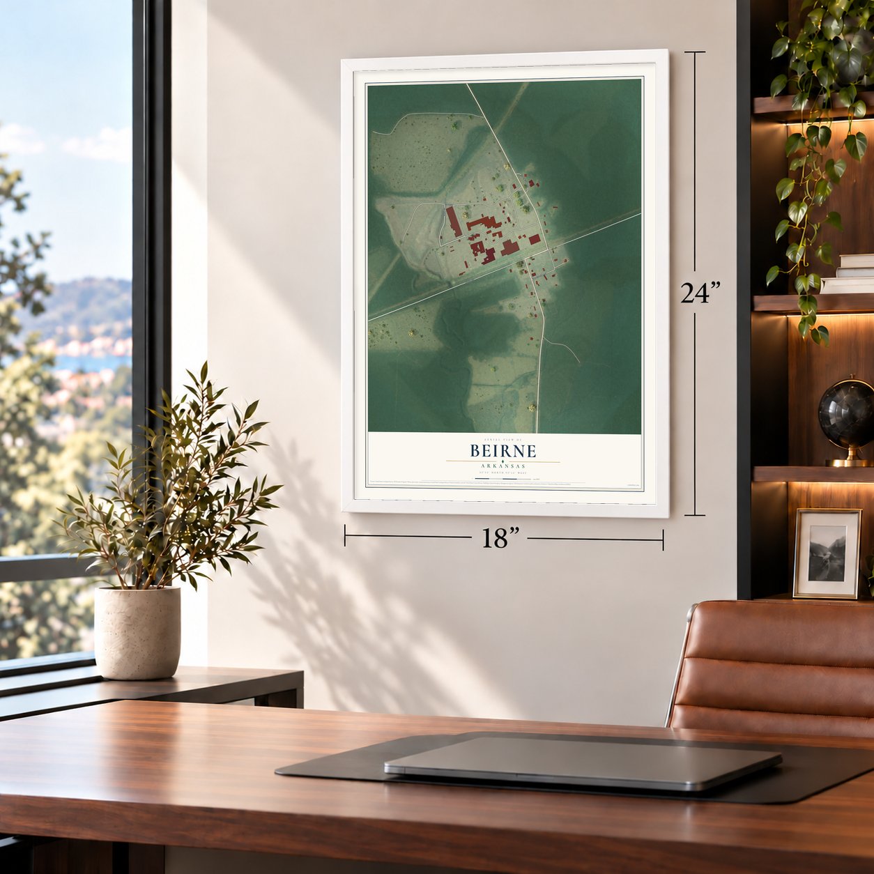 Beirne, Arkansas map, 18 x 24 inch print in a white frame in a home office