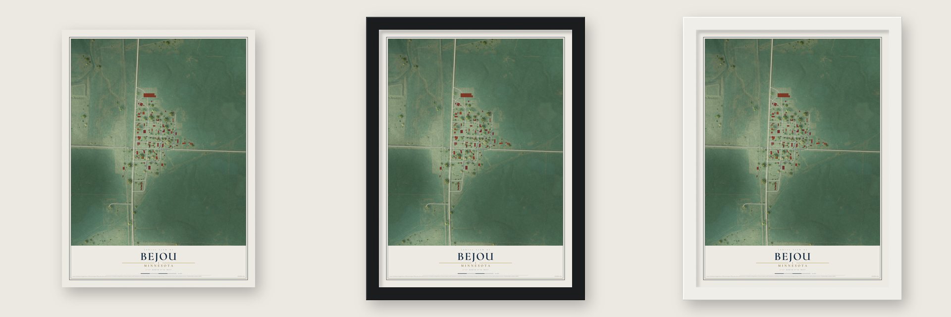 Bejou, Minnesota map unframed, in a black wood frame and in a white wood frame