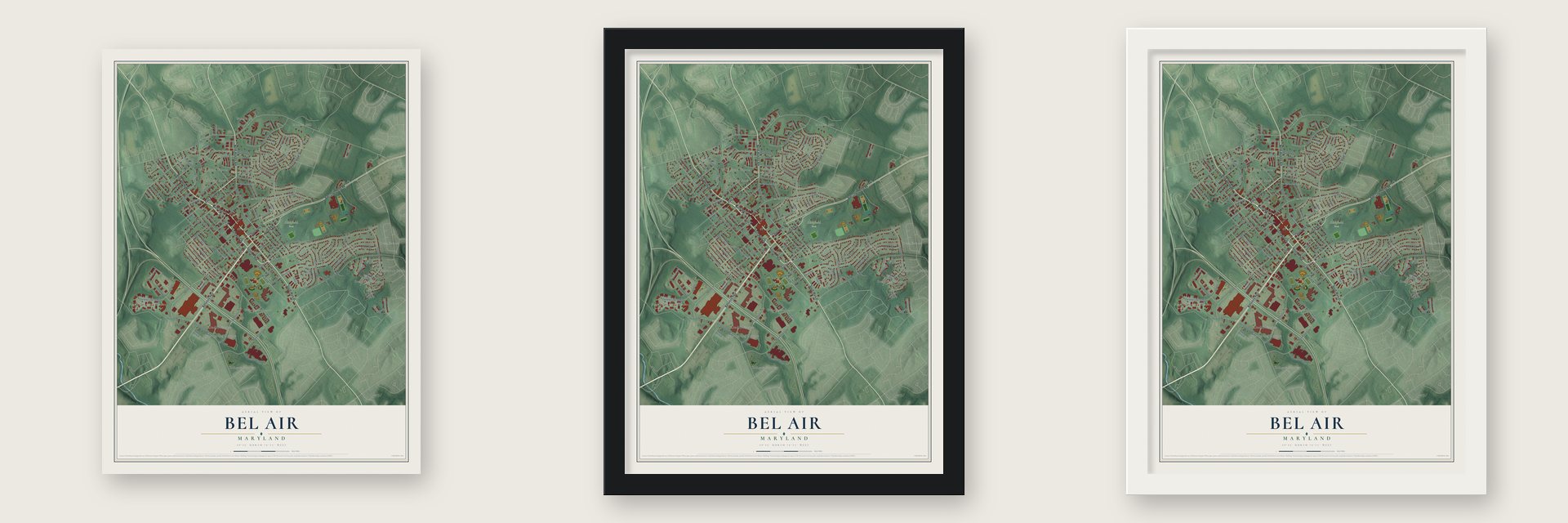 Bel Air, Maryland map unframed, in a black wood frame and in a white wood frame