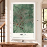 Bel Air, Maryland map, 24 x 36 inch print in a white frame by a staircase