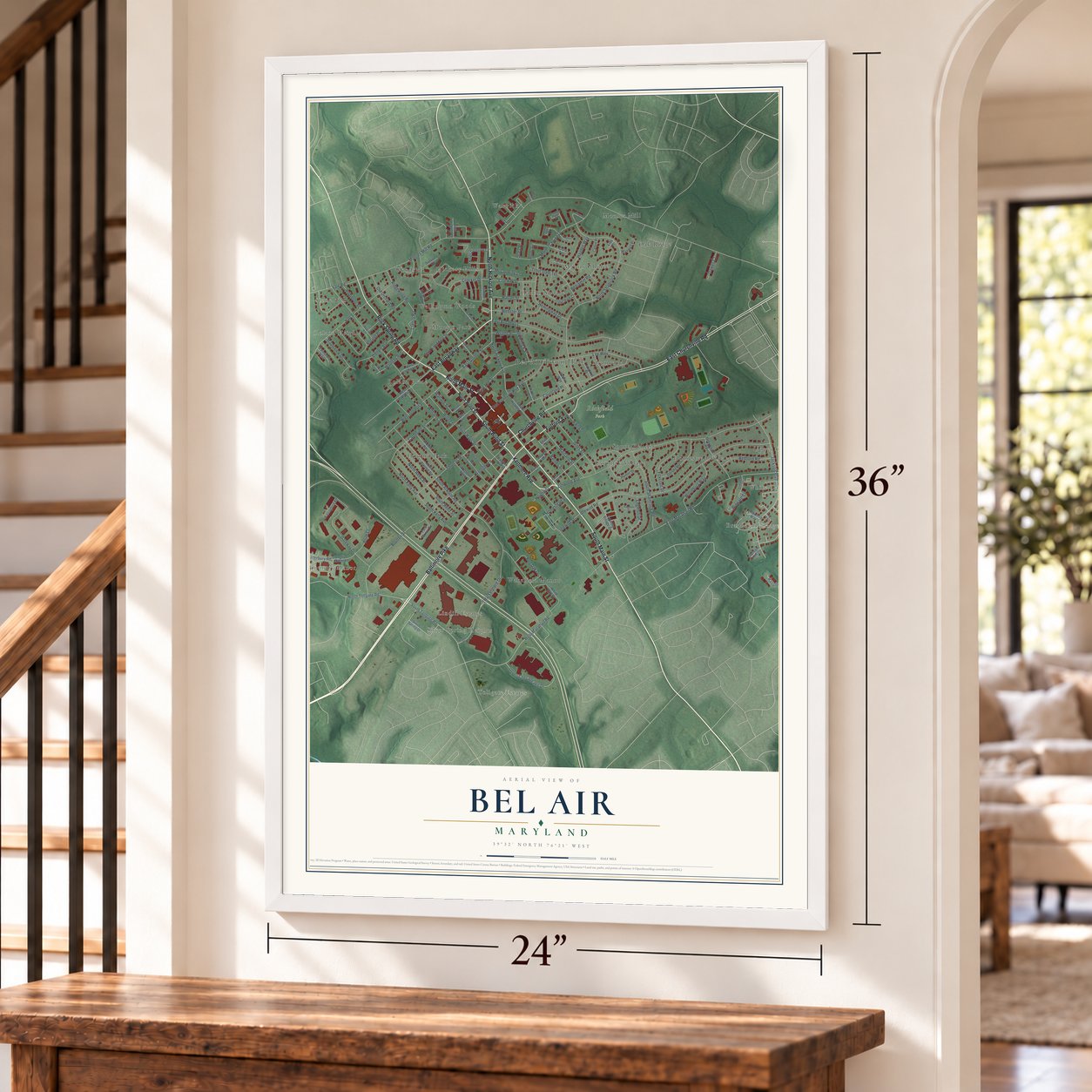 Bel Air, Maryland map, 24 x 36 inch print in a white frame by a staircase