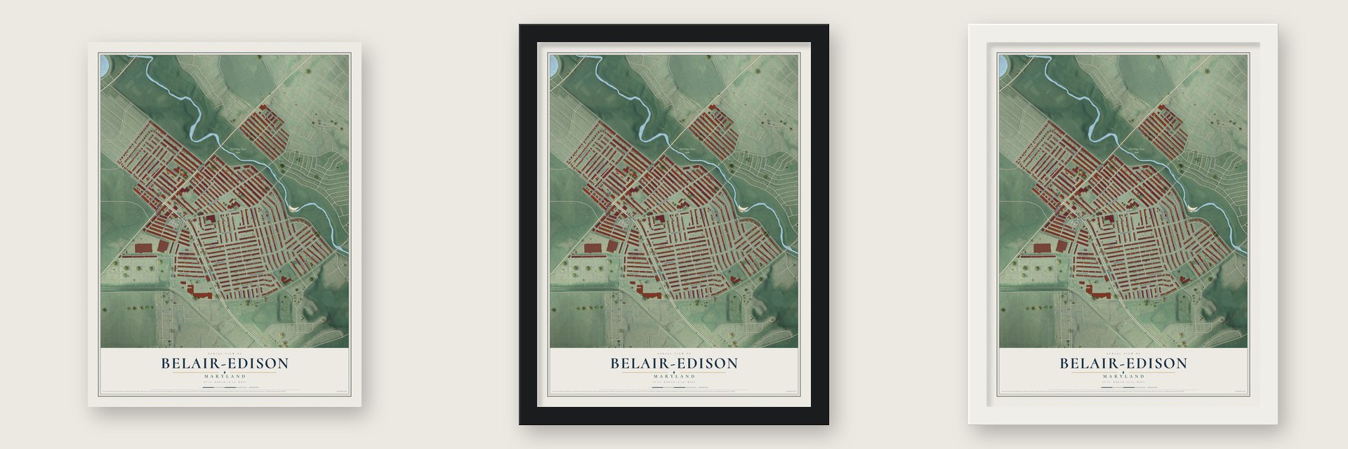 Belair-Edison, Maryland map unframed, in a black wood frame and in a white wood frame