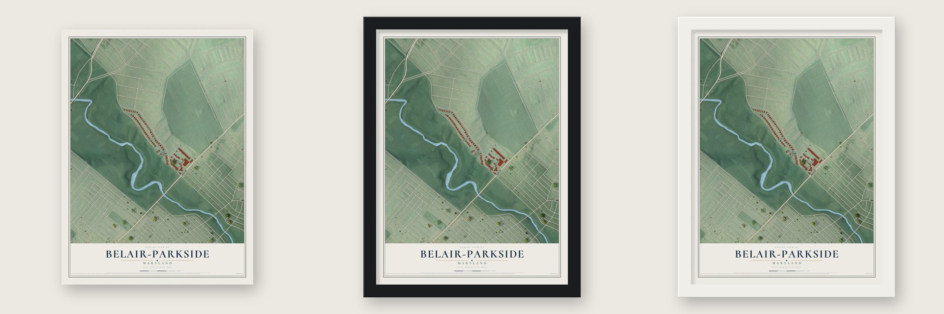 Belair-Parkside, Maryland map unframed, in a black wood frame and in a white wood frame