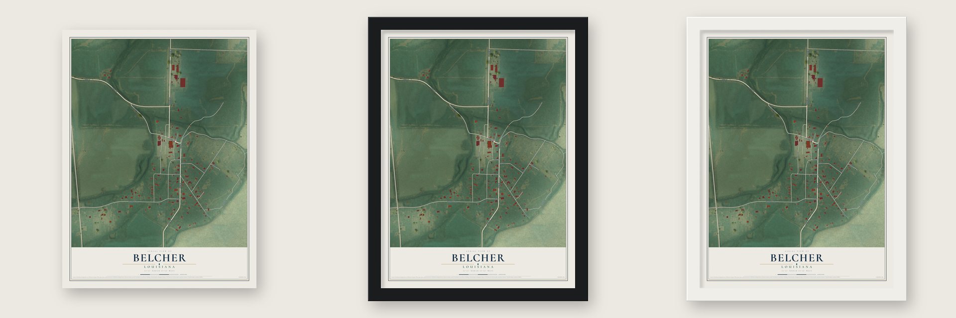 Belcher, Louisiana map unframed, in a black wood frame and in a white wood frame