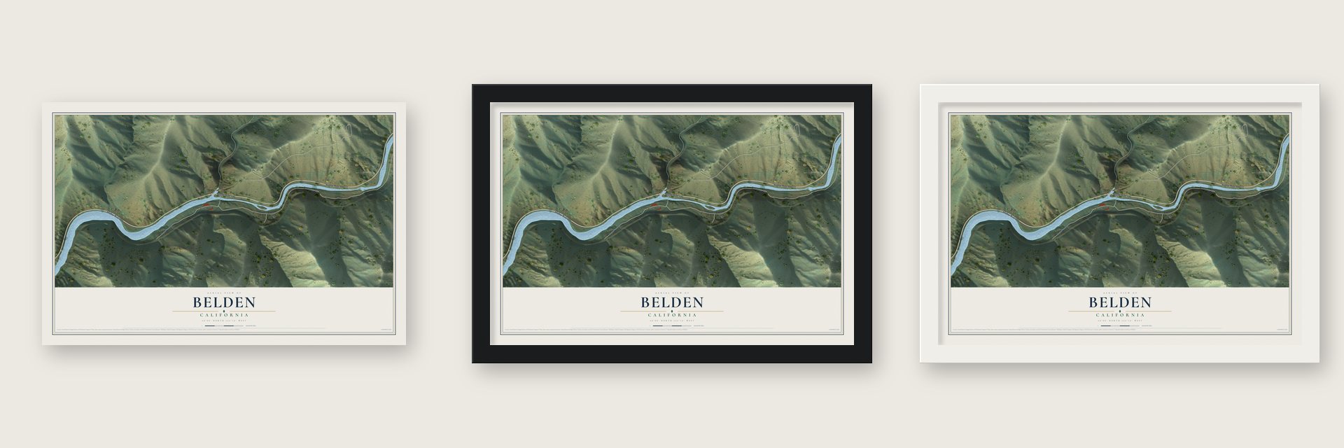 Belden, California map unframed, in a black wood frame and in a white wood frame
