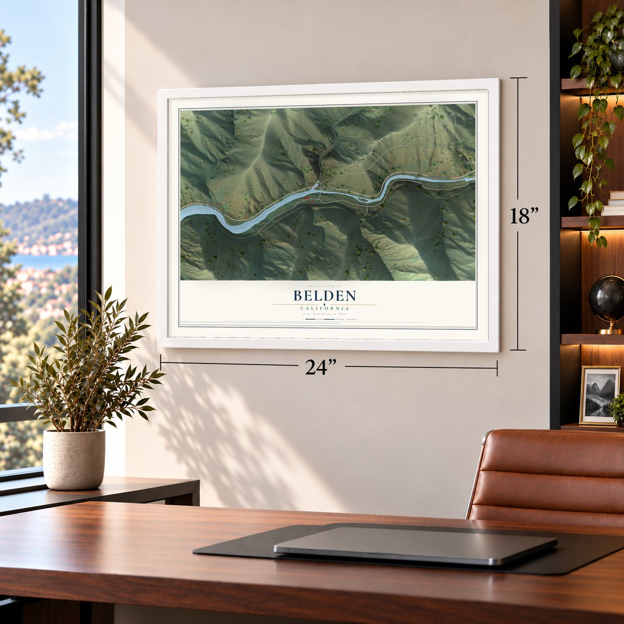 Belden, California map, 18 x 24 inch print in a white frame in a home office