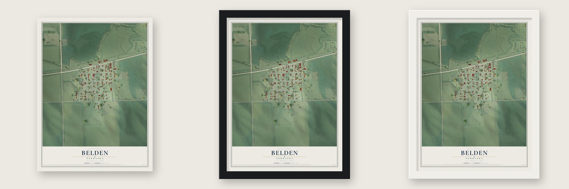 Belden, Nebraska map unframed, in a black wood frame and in a white wood frame