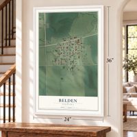 Belden, Nebraska map, 24 x 36 inch print in a white frame by a staircase