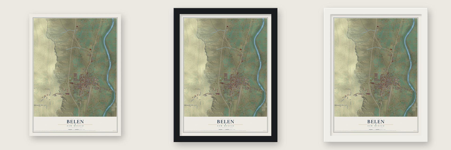 Belen, New Mexico map unframed, in a black wood frame and in a white wood frame