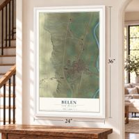 Belen, New Mexico map, 24 x 36 inch print in a white frame by a staircase