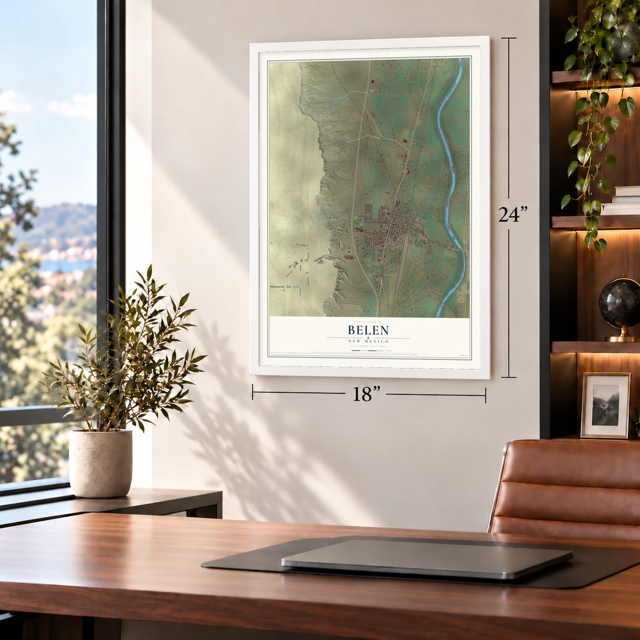Belen, New Mexico map, 18 x 24 inch print in a white frame in a home office