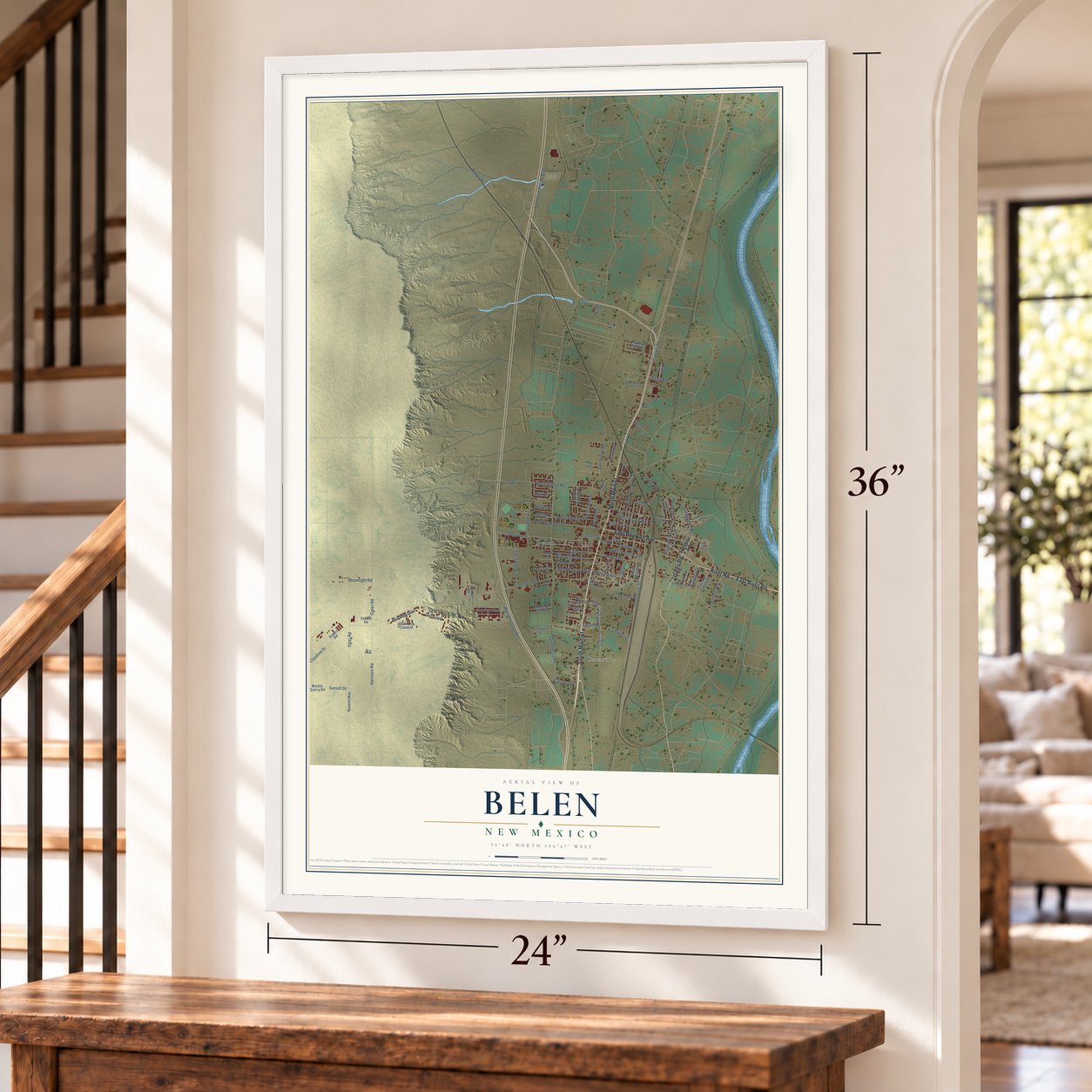 Belen, New Mexico map, 24 x 36 inch print in a white frame by a staircase