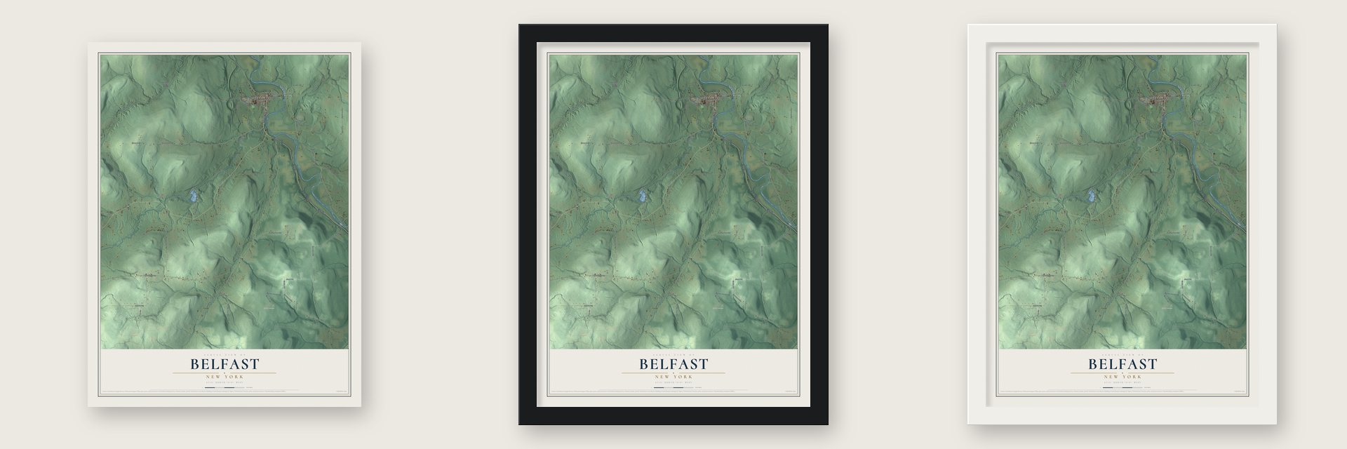 Belfast, New York map unframed, in a black wood frame and in a white wood frame