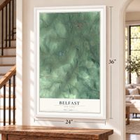 Belfast, New York map, 24 x 36 inch print in a white frame by a staircase