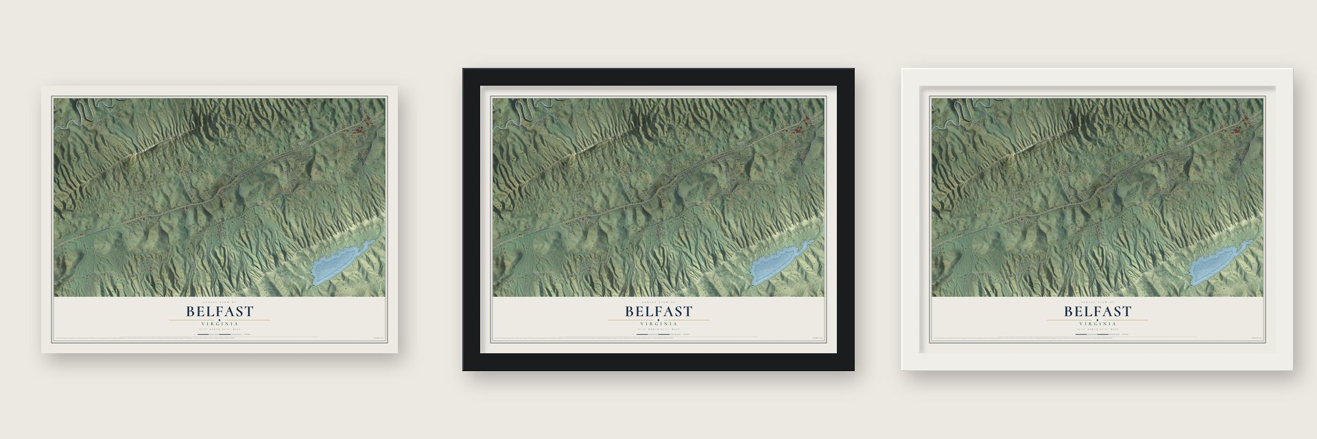 Belfast, Virginia map unframed, in a black wood frame and in a white wood frame