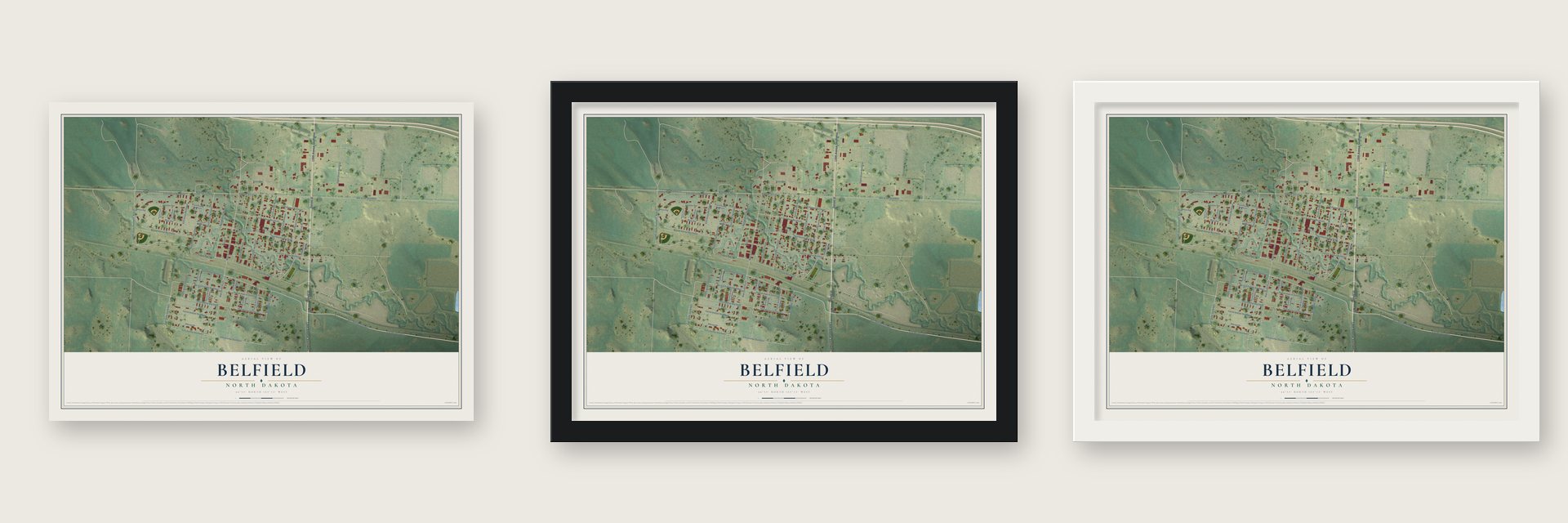 Belfield, North Dakota map unframed, in a black wood frame and in a white wood frame