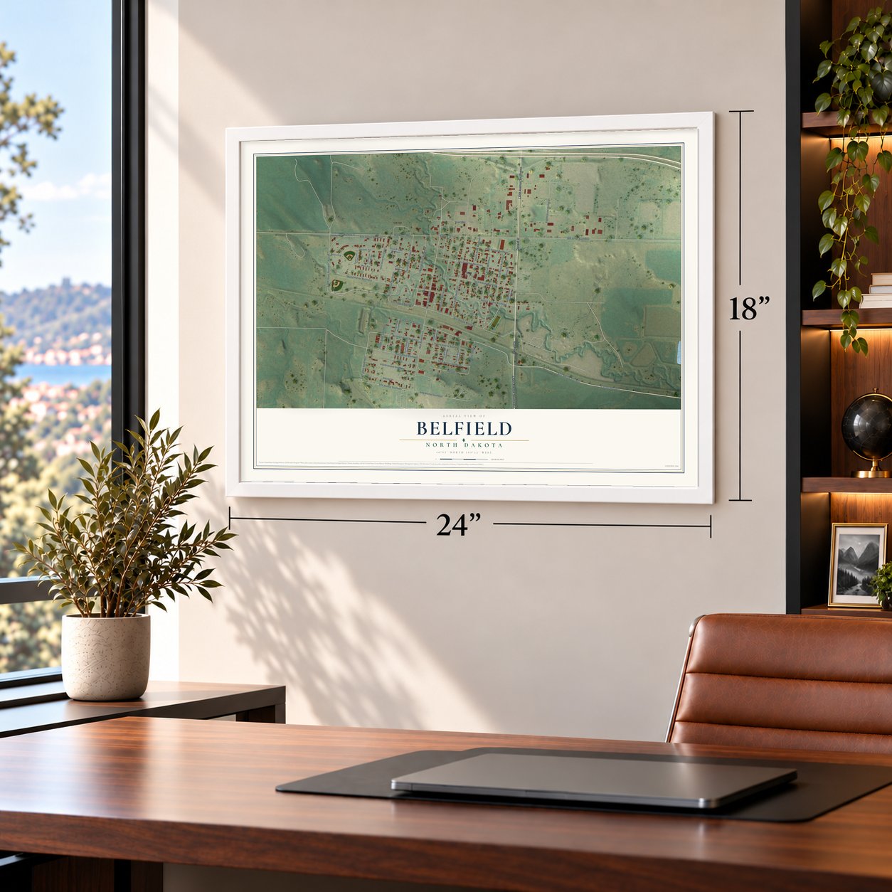 Belfield, North Dakota map, 18 x 24 inch print in a white frame in a home office
