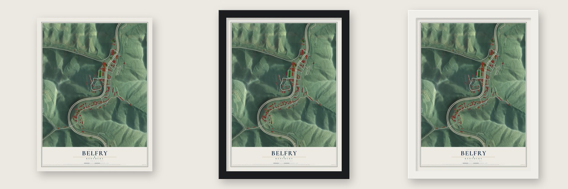 Belfry, Kentucky map unframed, in a black wood frame and in a white wood frame