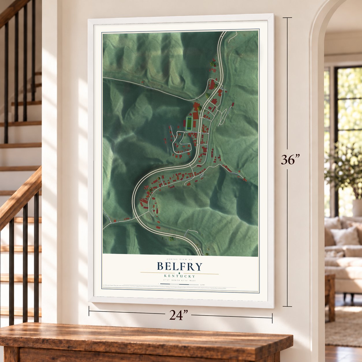 Belfry, Kentucky map, 24 x 36 inch print in a white frame by a staircase