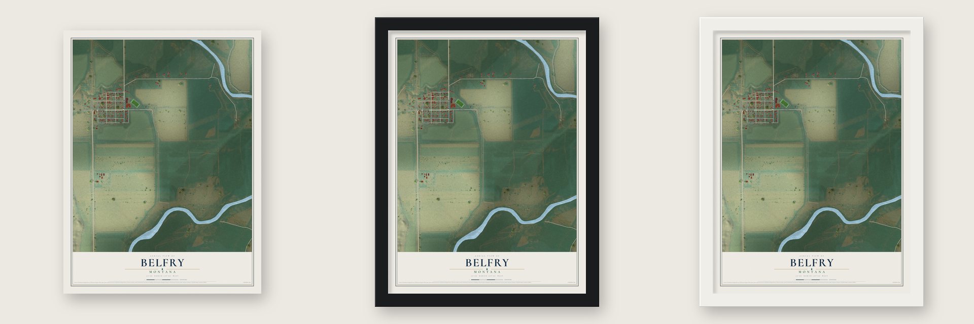 Belfry, Montana map unframed, in a black wood frame and in a white wood frame