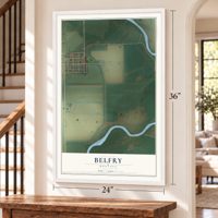 Belfry, Montana map, 24 x 36 inch print in a white frame by a staircase