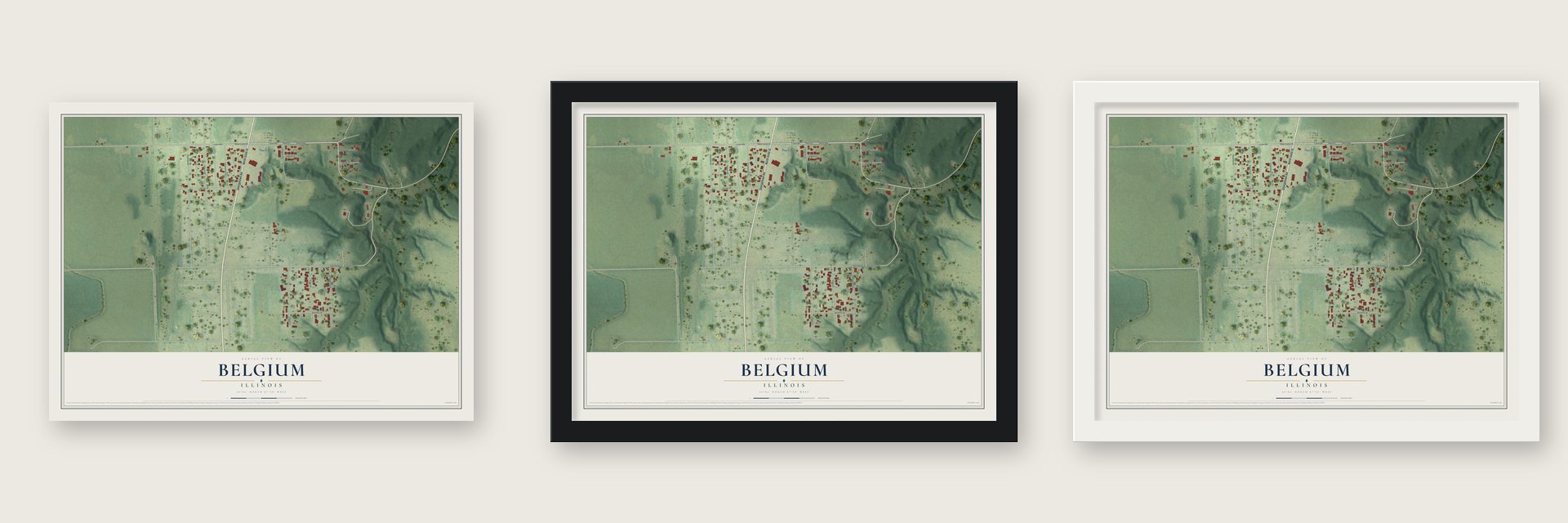 Belgium, Illinois map unframed, in a black wood frame and in a white wood frame