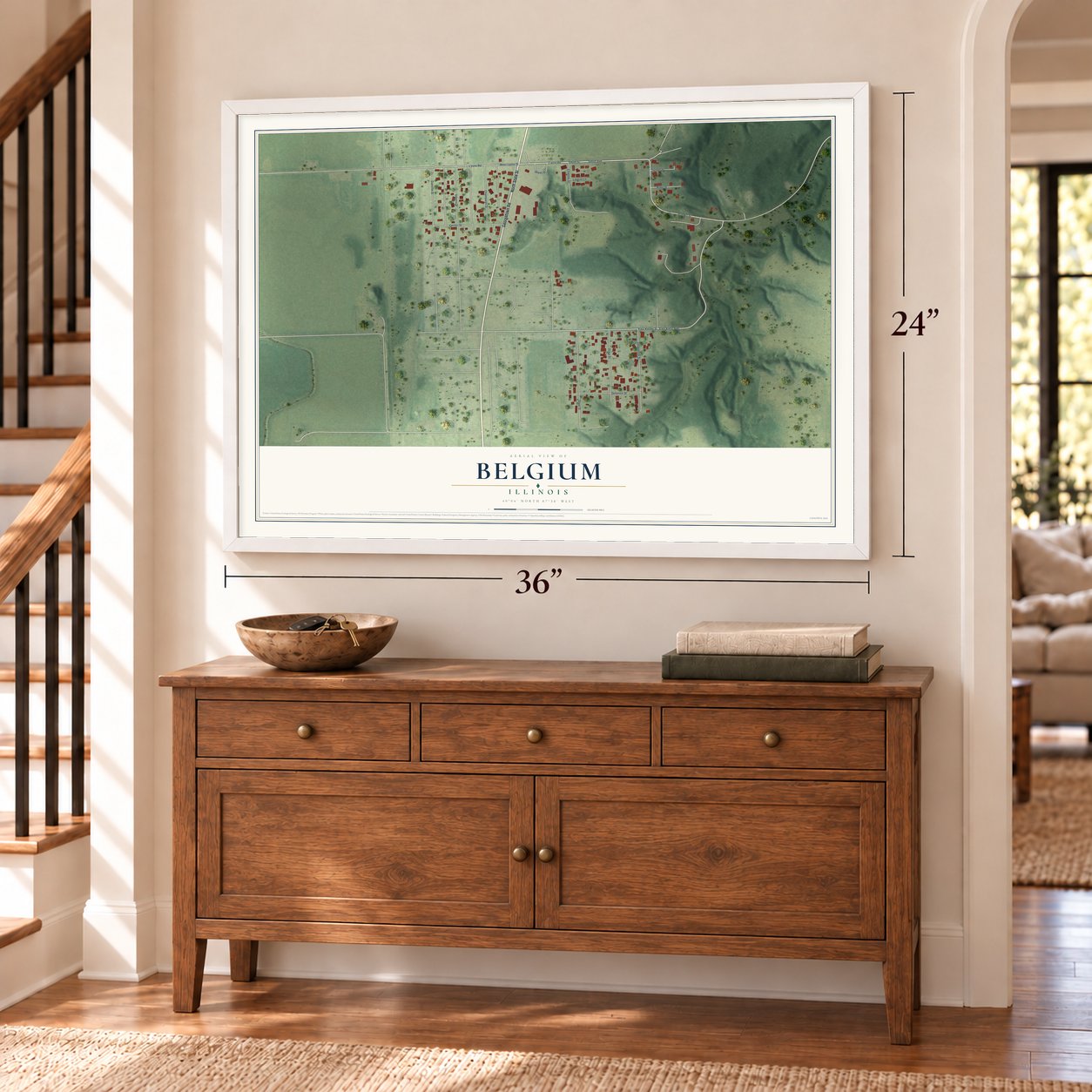 Belgium, Illinois map, 24 x 36 inch print in a white frame above a dresser by a staircase