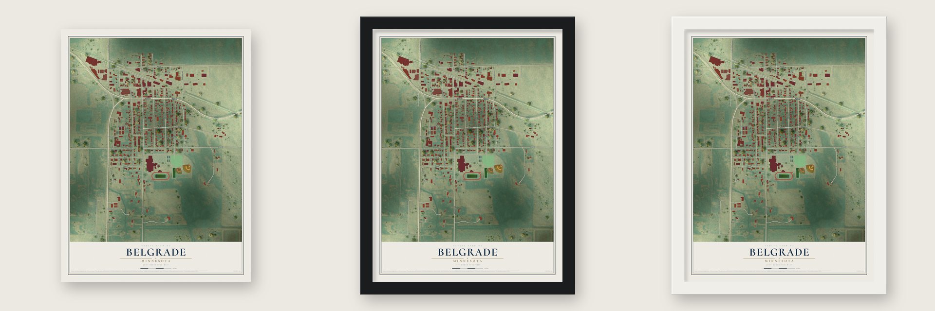 Belgrade, Minnesota map unframed, in a black wood frame and in a white wood frame