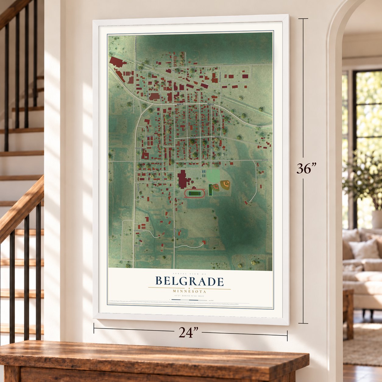 Belgrade, Minnesota map, 24 x 36 inch print in a white frame by a staircase