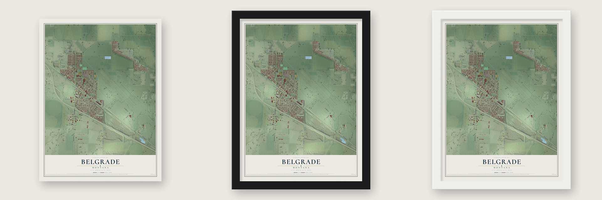 Belgrade, Montana map unframed, in a black wood frame and in a white wood frame