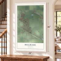 Belgrade, Montana map, 24 x 36 inch print in a white frame by a staircase