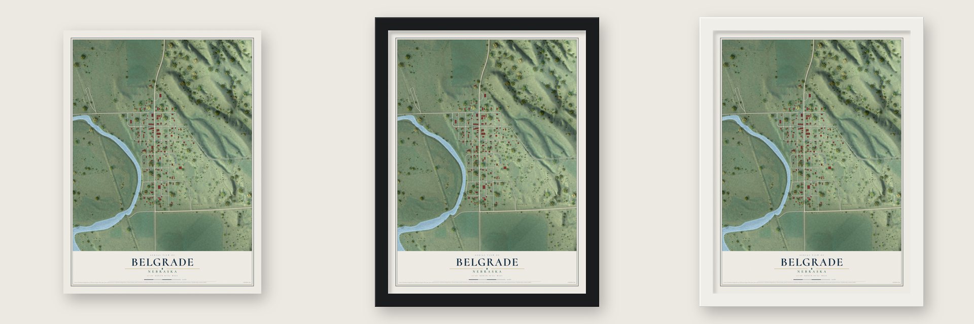 Belgrade, Nebraska map unframed, in a black wood frame and in a white wood frame