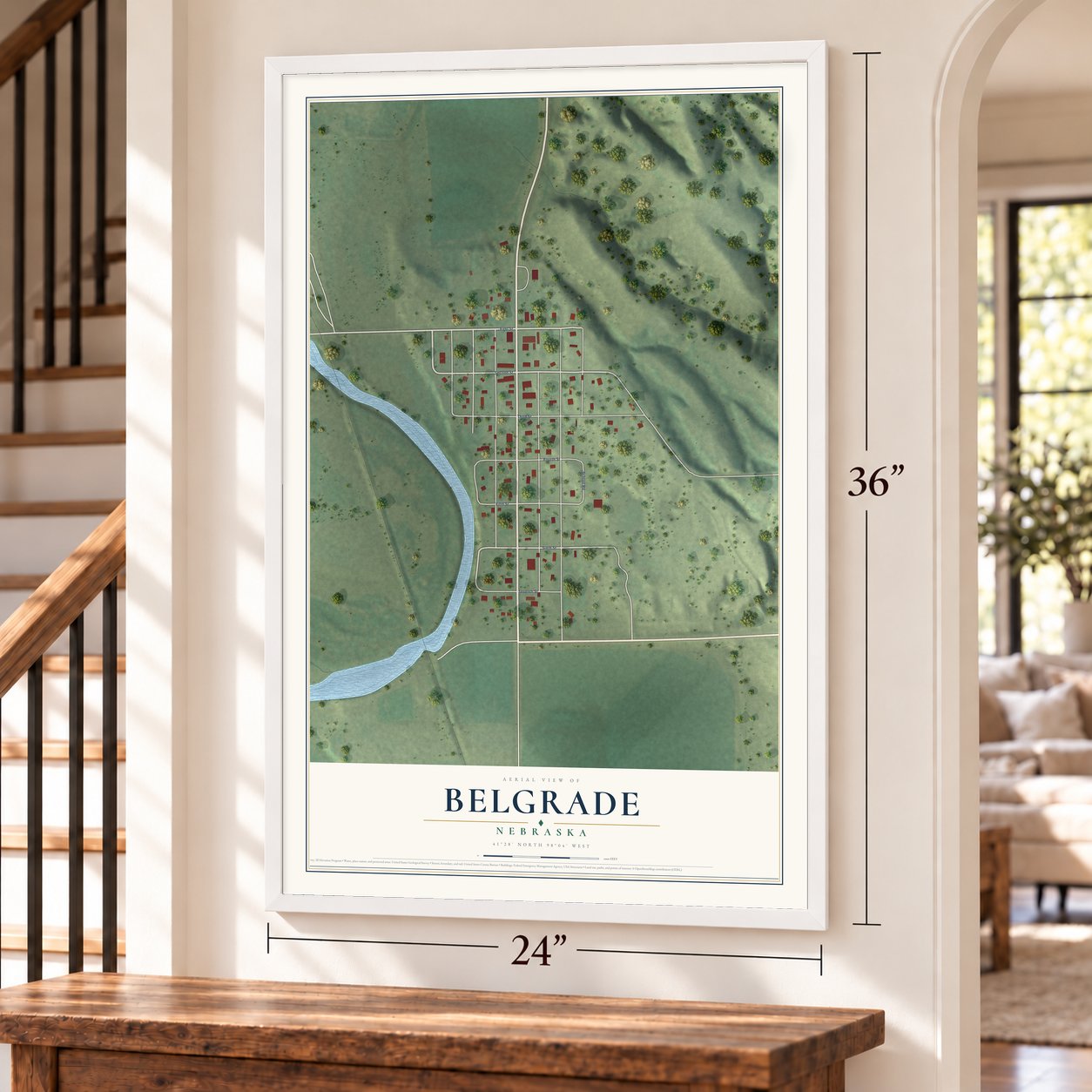 Belgrade, Nebraska map, 24 x 36 inch print in a white frame by a staircase