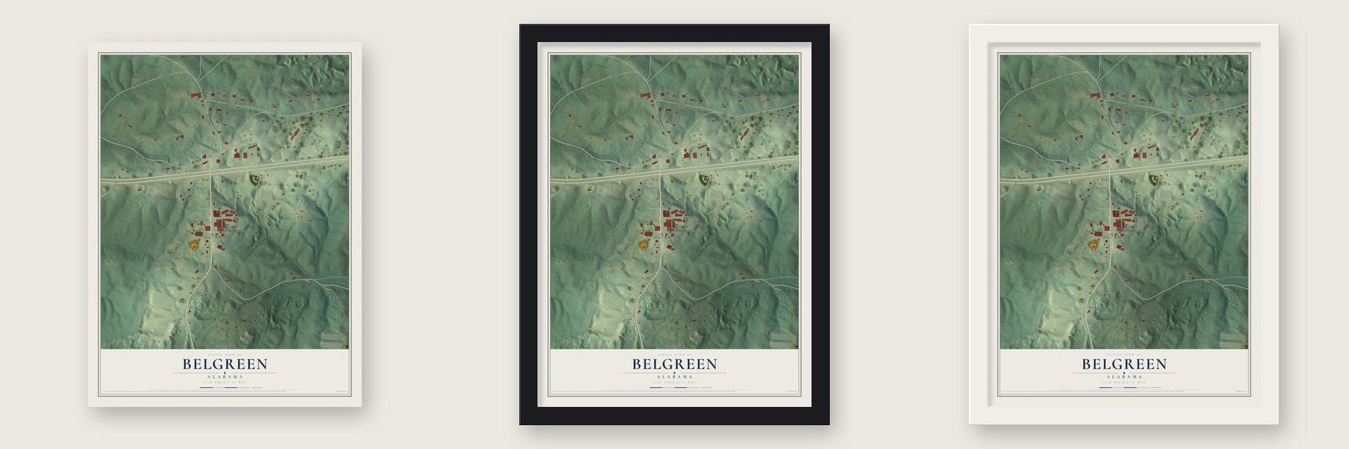 Belgreen, Alabama map unframed, in a black wood frame and in a white wood frame