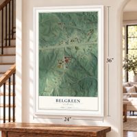 Belgreen, Alabama map, 24 x 36 inch print in a white frame by a staircase