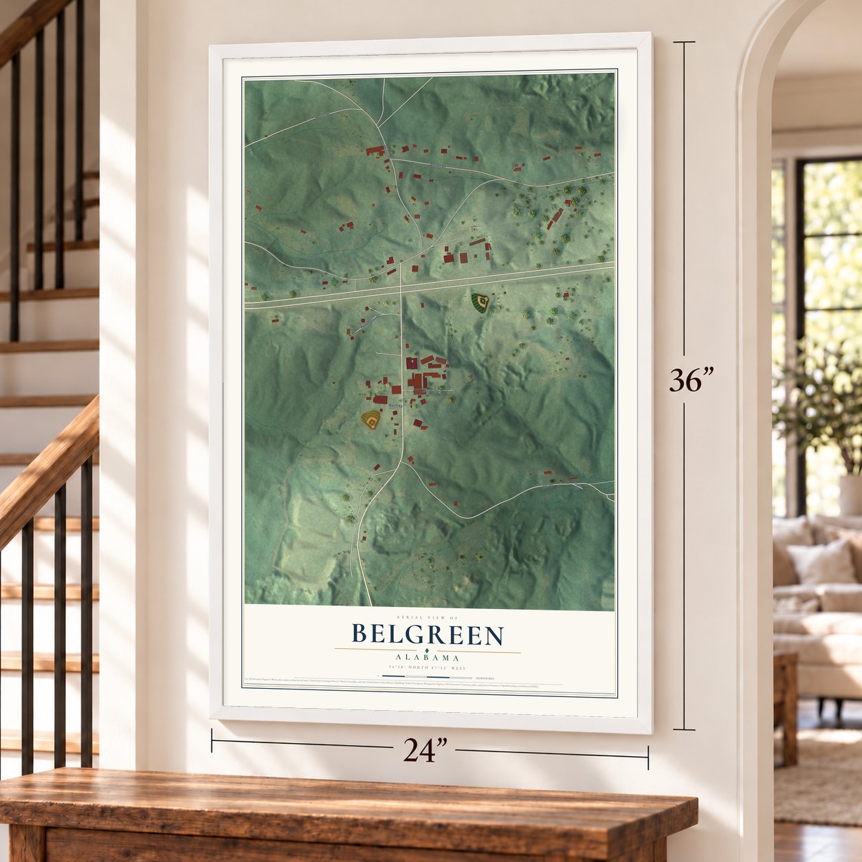 Belgreen, Alabama map, 24 x 36 inch print in a white frame by a staircase