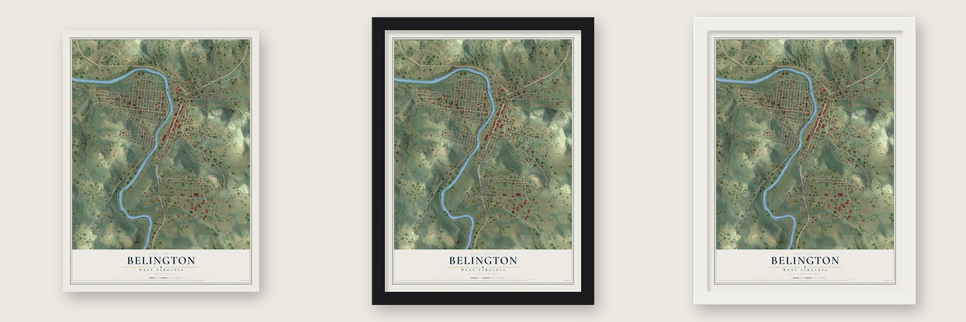 Belington, West Virginia map unframed, in a black wood frame and in a white wood frame