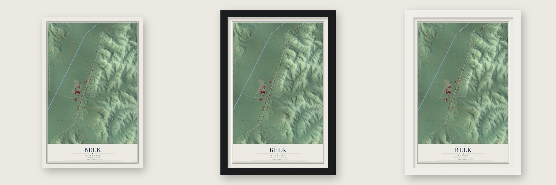 Belk, Alabama map unframed, in a black wood frame and in a white wood frame