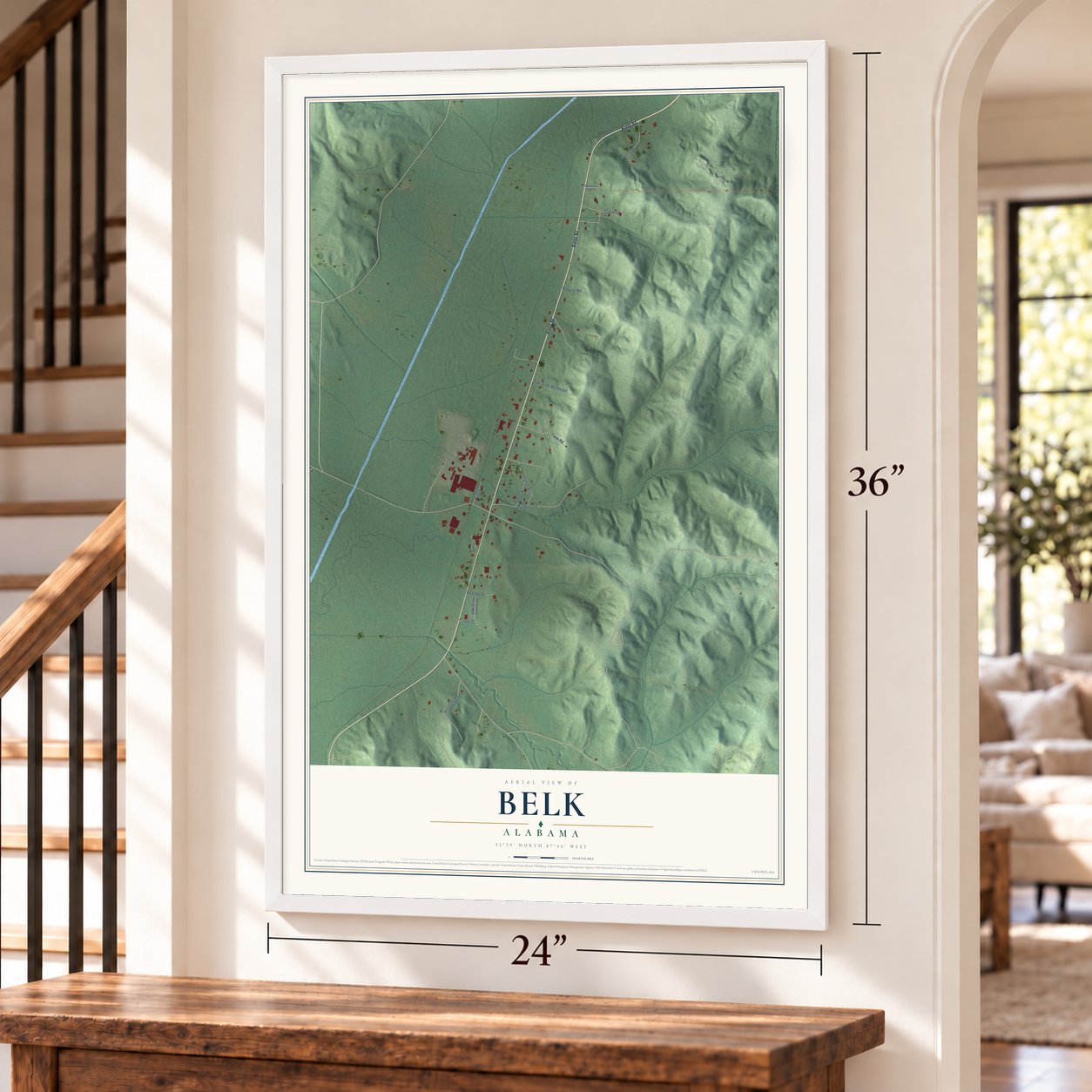 Belk, Alabama map, 24 x 36 inch print in a white frame by a staircase