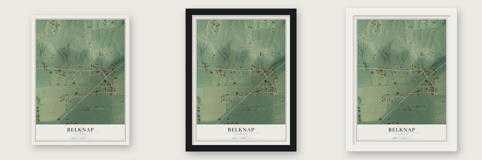 Belknap, Illinois map unframed, in a black wood frame and in a white wood frame