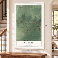 Belknap, Illinois map, 24 x 36 inch print in a white frame by a staircase