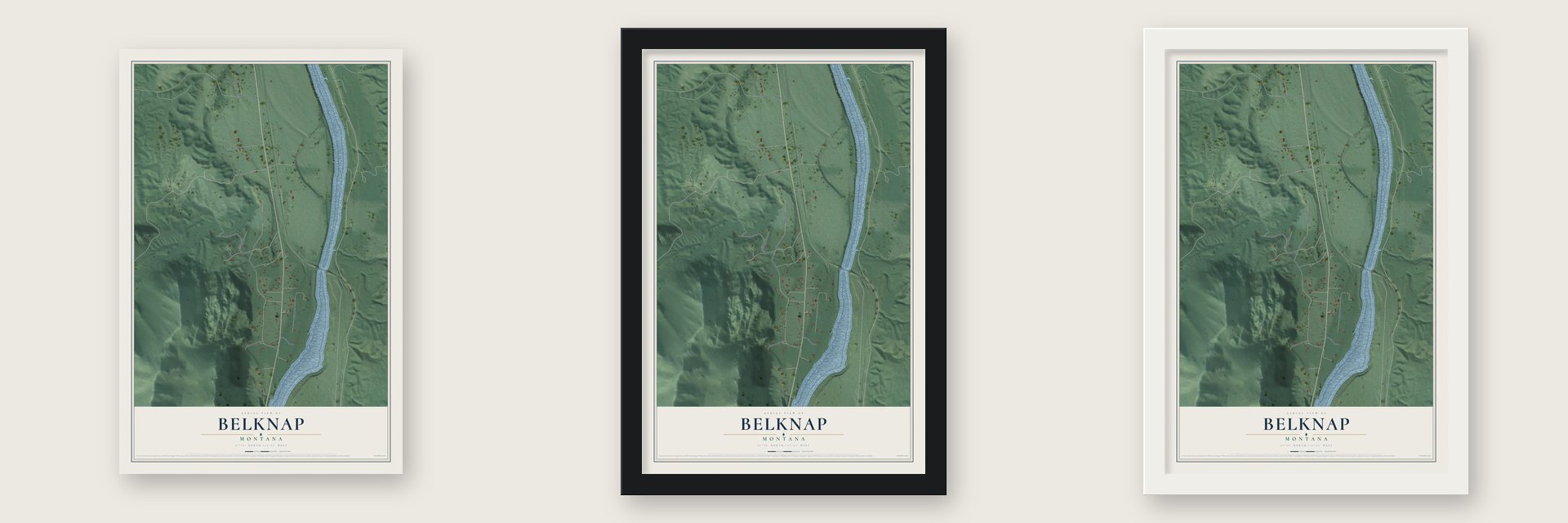Belknap, Montana map unframed, in a black wood frame and in a white wood frame
