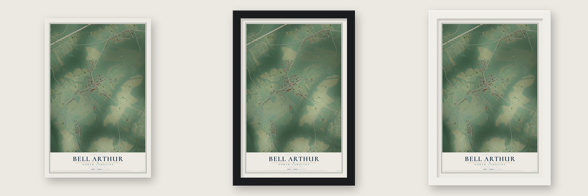 Bell Arthur, North Carolina map unframed, in a black wood frame and in a white wood frame