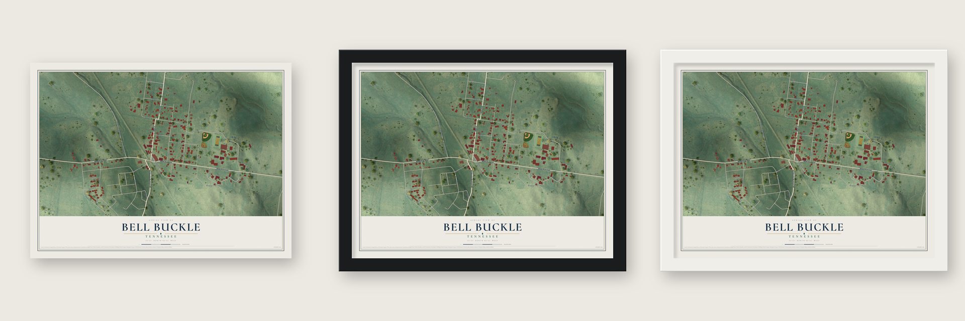 Bell Buckle, Tennessee map unframed, in a black wood frame and in a white wood frame