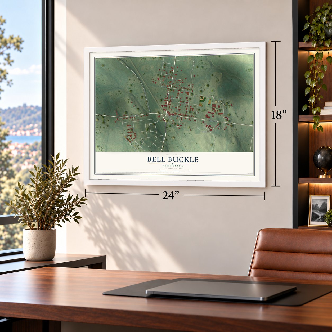 Bell Buckle, Tennessee map, 18 x 24 inch print in a white frame in a home office